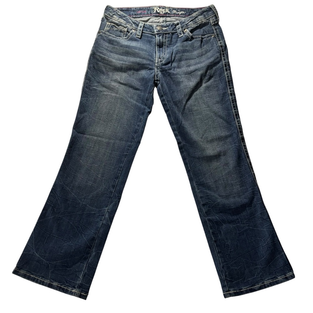Rock 47 by‎ Wrangler Womens Low Rise Bootcut Jeans Dark Wash Embellished 28x26